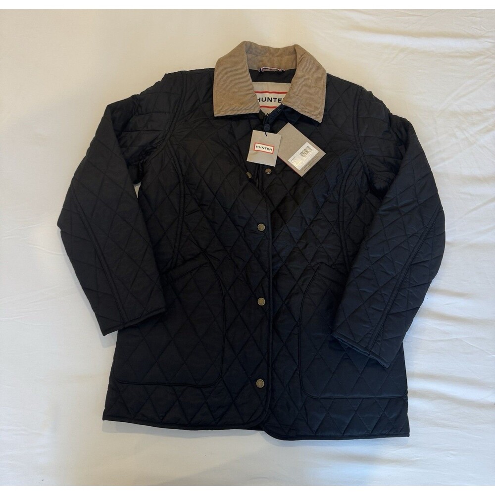 NWT Hunter Rachel Women's Quilted Barn Jacket British Black Tan Corduroy Collar
